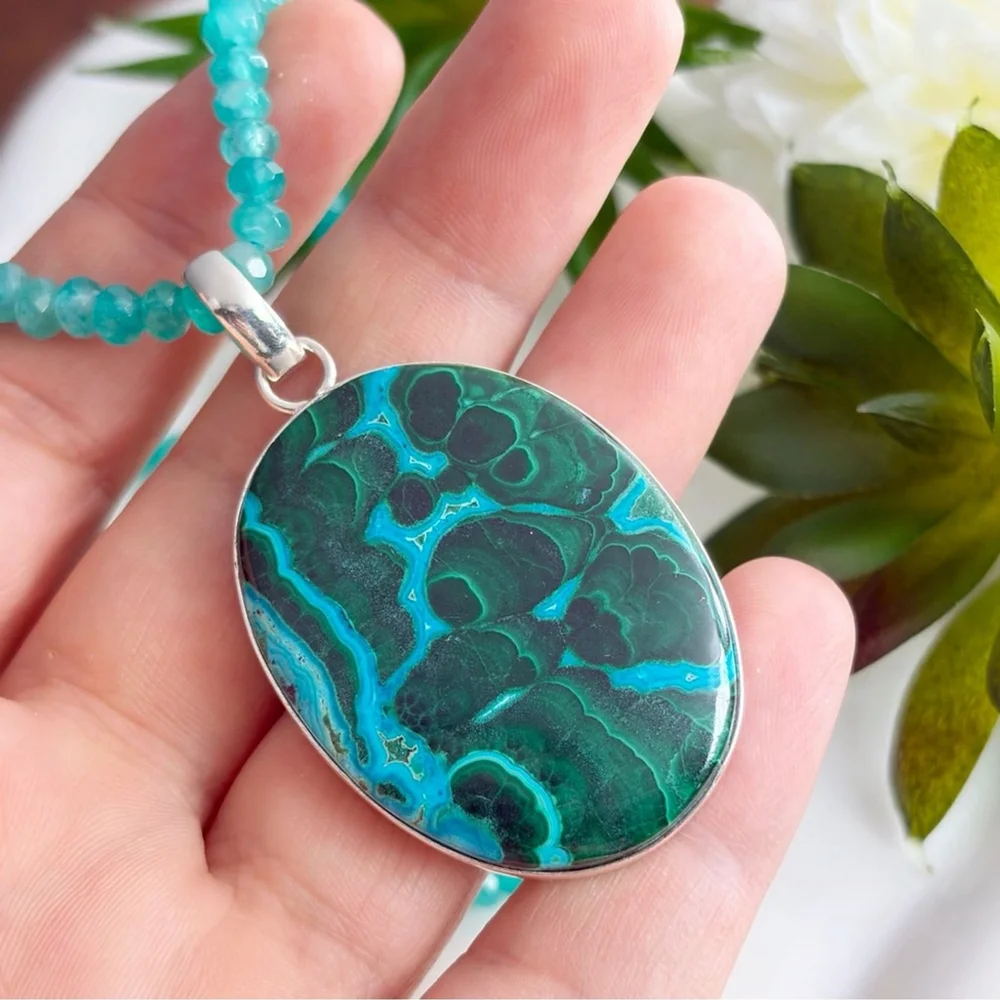 Large Top Quality Pure Sterling Silver 925 Malachite Chrysocolla Pendant